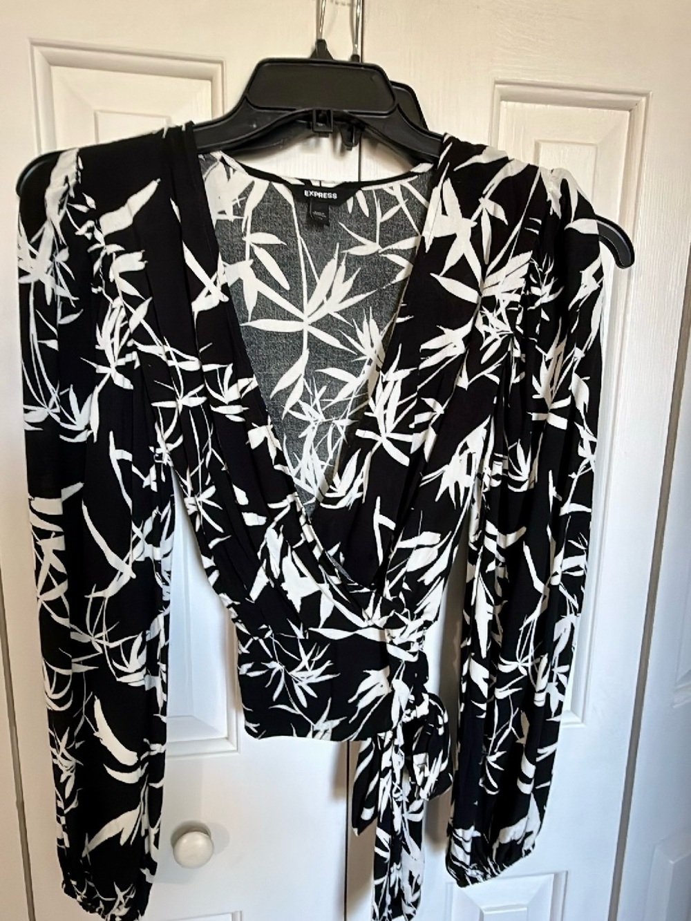 Express Black and White Wrap Blouse with Botanical Print.